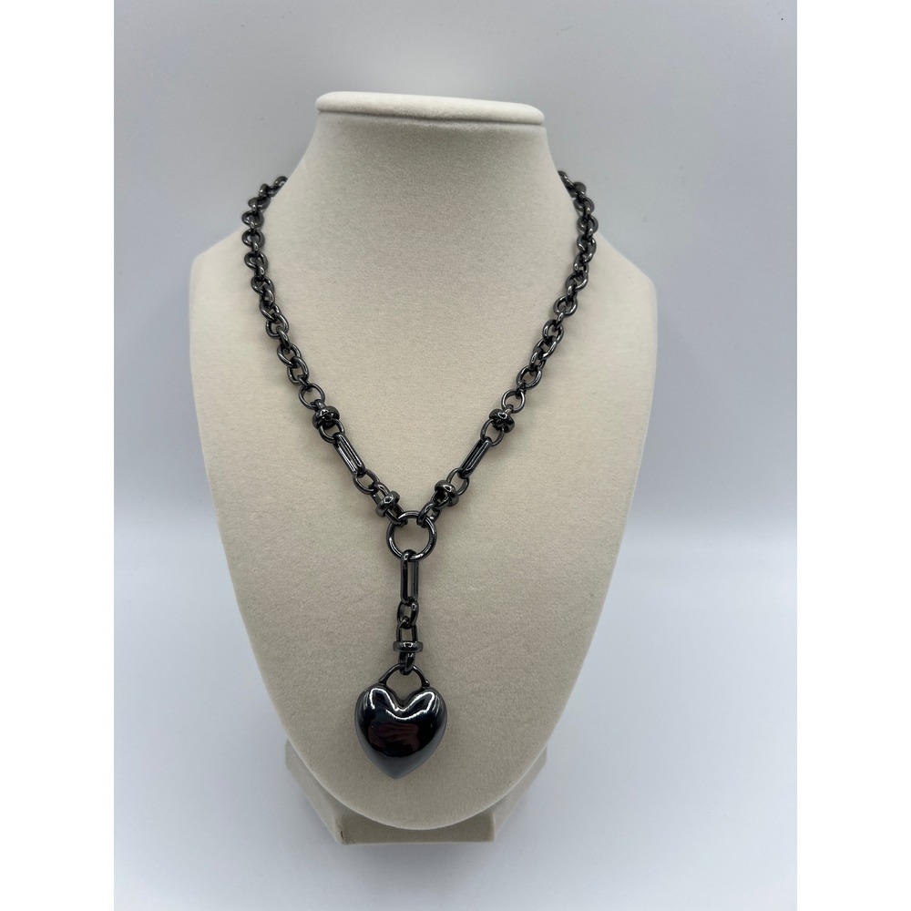 Gunmetal Heart Pendant Chain Necklace Edgy Industrial Style Dark Grey Finish